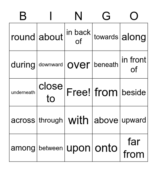Prepositions Bingo Card