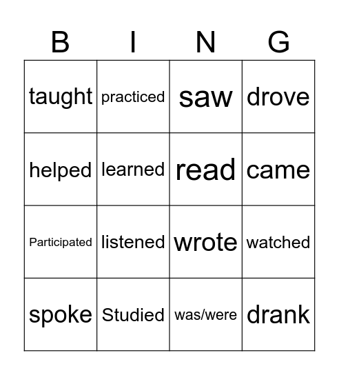 Simple Past: Regular and Irregular Verbs Bingo Card