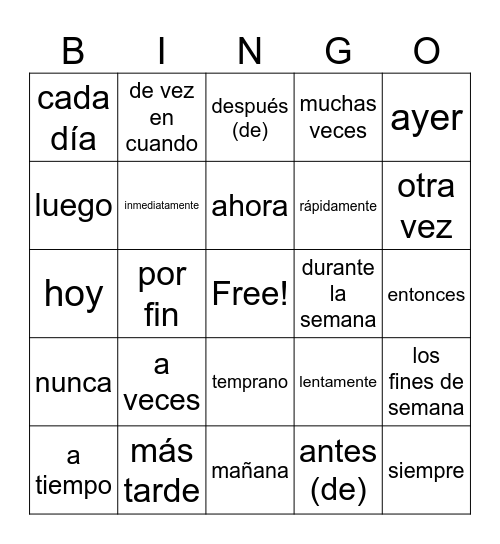 Adverbs in Spanish Bingo Card