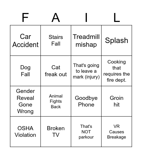Funny Fails Bingo Card