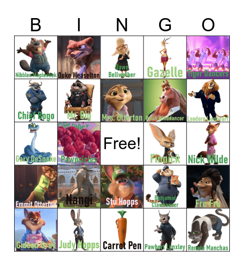 Zootopia Bingo Card