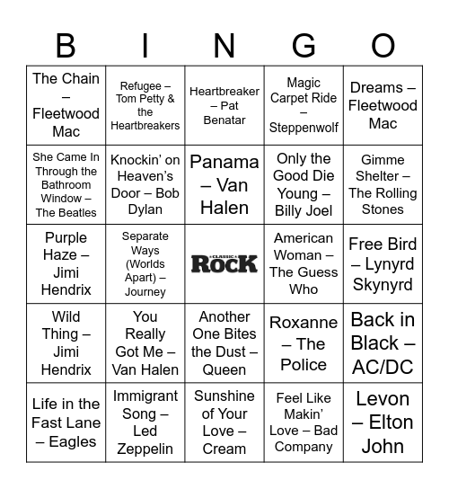 Classic Rock Vol 1. Bingo Card