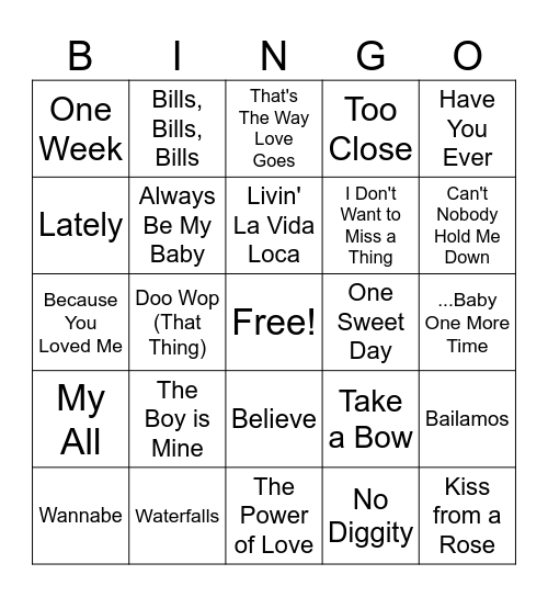 90s Billboard Hits Bingo Card