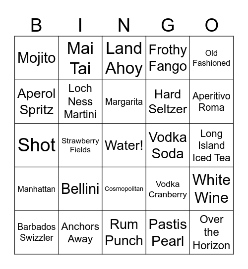 Princess Cocktail Bingo Card