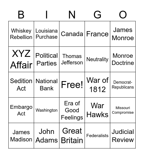First Five Presidents Bingo Card