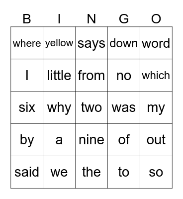 Sight Words Bingo Card