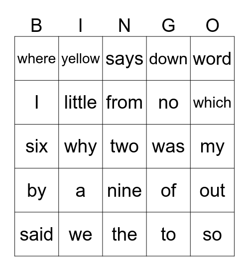 Sight Words Bingo Card