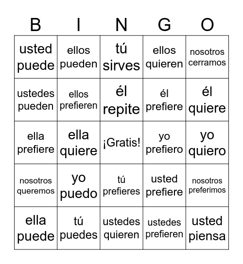 Boot Verbs Bingo Card