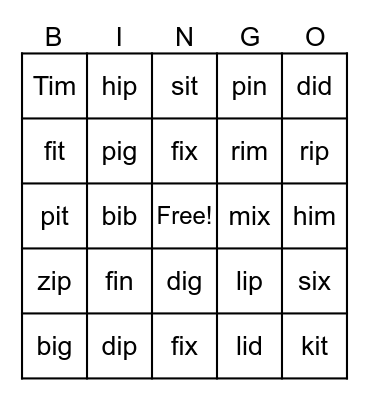 CVC  short i Bingo Card