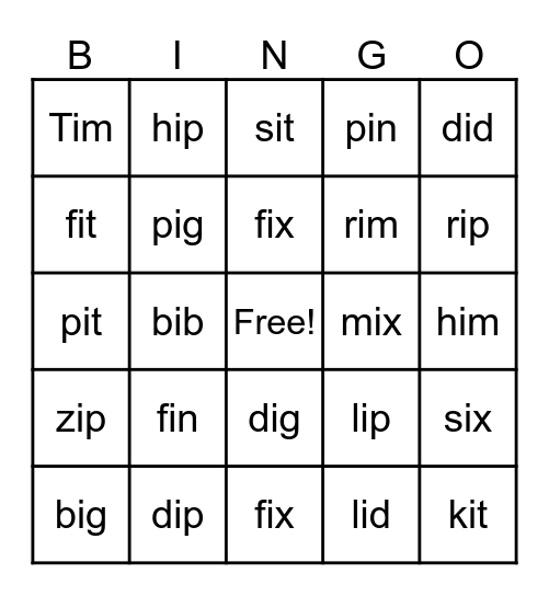 CVC  short i Bingo Card