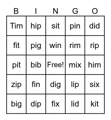CVC  short i Bingo Card