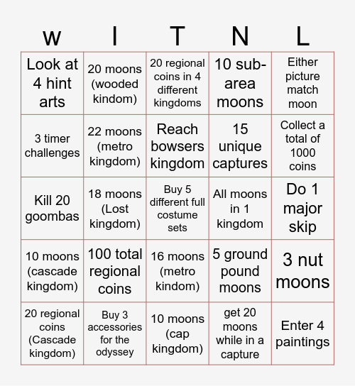 Super mario odyssey lockout Bingo Card