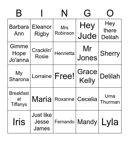 The name game Bingo Card