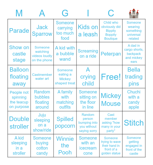 Disney Magic Kingdom Bingo Card
