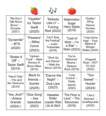 IT'S ELEMENTRY! Popular songs for today's youth. Bingo Card