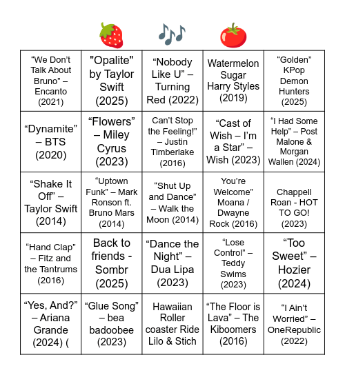 IT'S ELEMENTRY! Popular songs for today's youth. Bingo Card