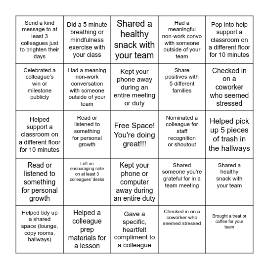 Staff Wellness Bingo Card
