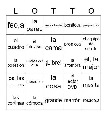 Realidades 1 Chapter 6A Bingo Card
