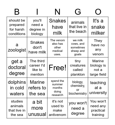 Animal Career Advisor Bingo Card