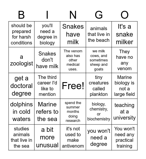 Animal Career Advisor Bingo Card