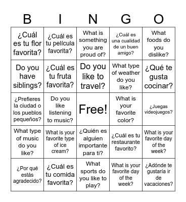 Spanish/English Bingo Card