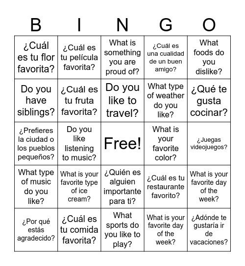 Spanish/English Bingo Card