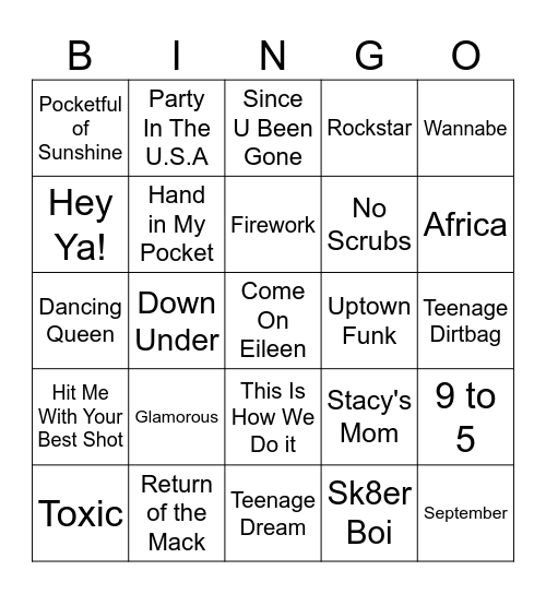 Guilty Pleasure Hits Bingo Card