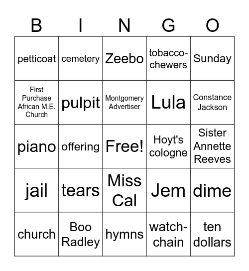 TKAM Chapter 12 Bingo Card