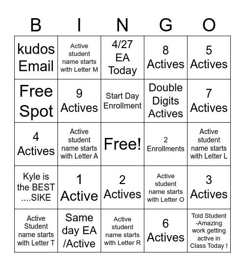 Active Day Bingo Card
