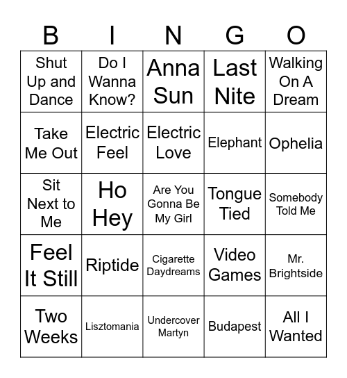 2000's Alternative/Indie Hits Bingo Card