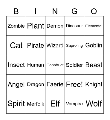 Creature Feature Bingo Card