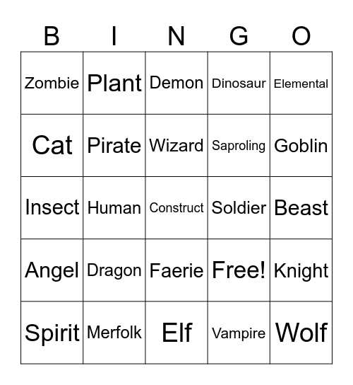Creature Feature Bingo Card