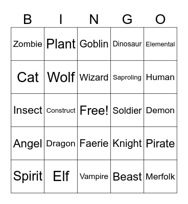 Creature Feature Bingo Card