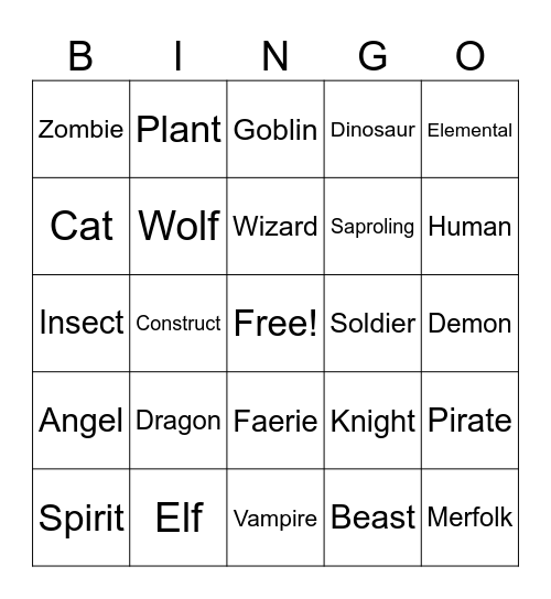 Creature Feature Bingo Card