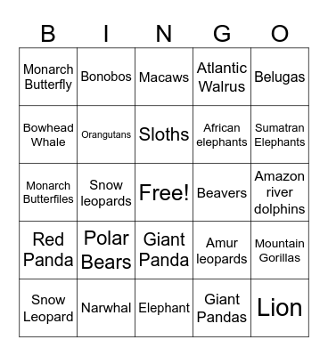 Wildlife BINGO Card