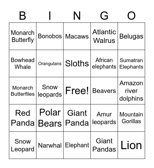 Wildlife BINGO Card