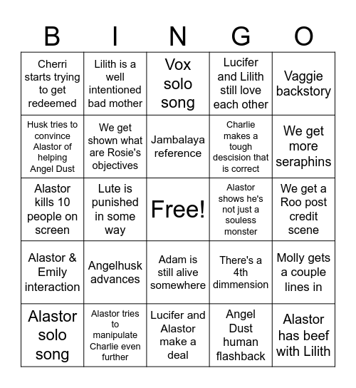 Hazbin Hotel season 3 predictions Bingo Card