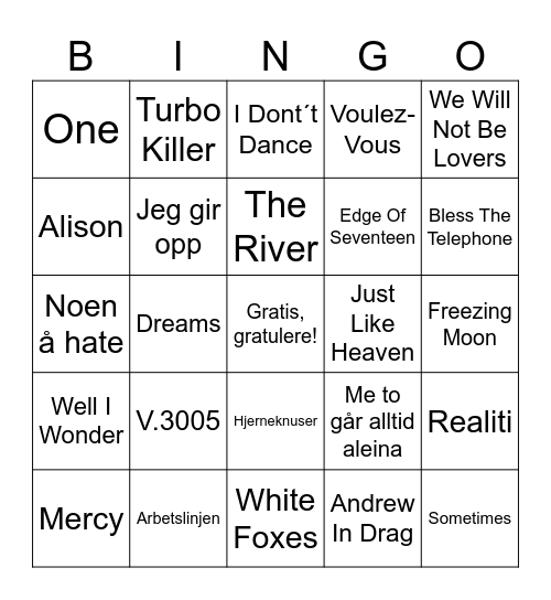 Verdens Verste Musikkbingo Card