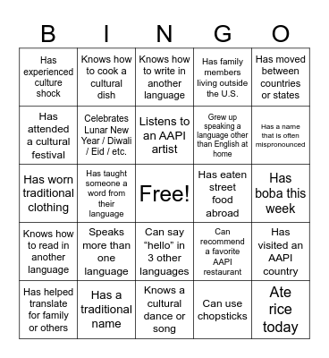AAPI Heritage Month Bingo Card