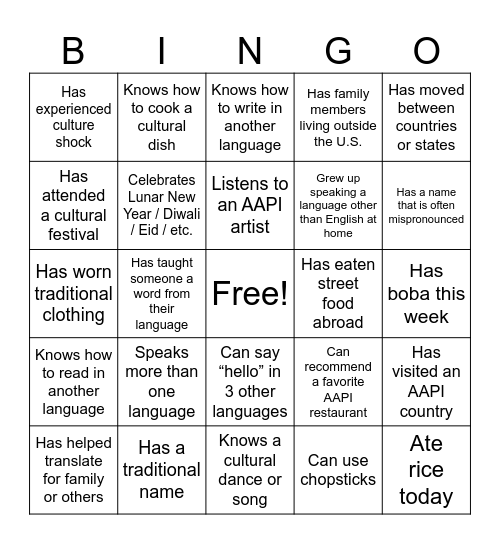 AAPI Heritage Month Bingo Card