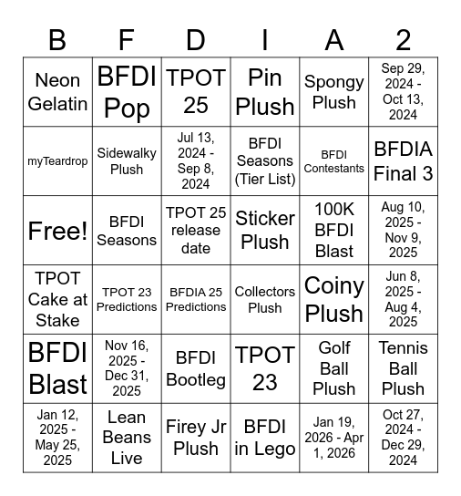 BFDI 3 new videos (shorts edition) Bingo Card