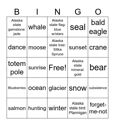 Alaska Bingo Card