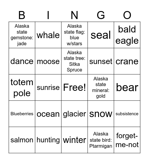 Alaska Bingo Card
