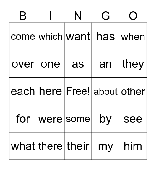 Heart Word Bingo for Grace Bingo Card