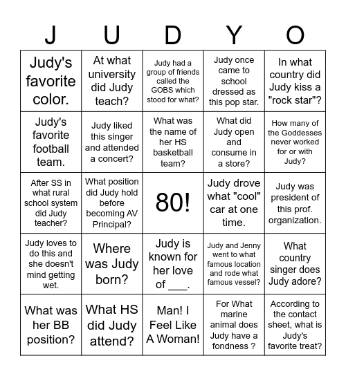 JUDY-O! Bingo Card
