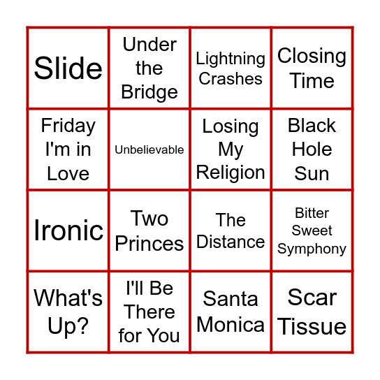 ★90's Alternative, Rock, & Pop Throwbacks★ Bingo Card