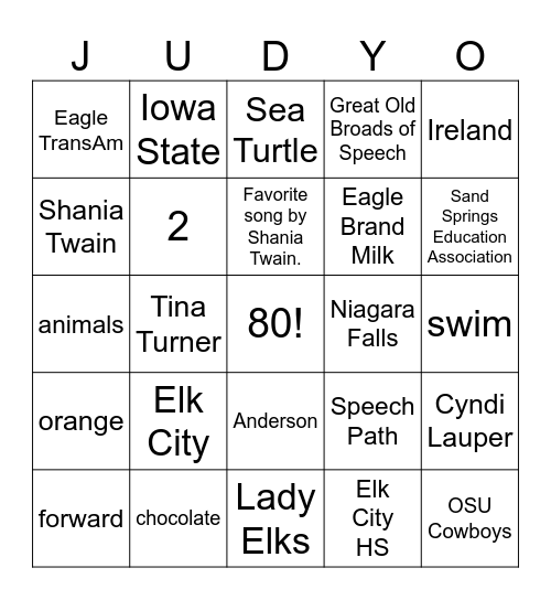 Judy-O! Bingo Card