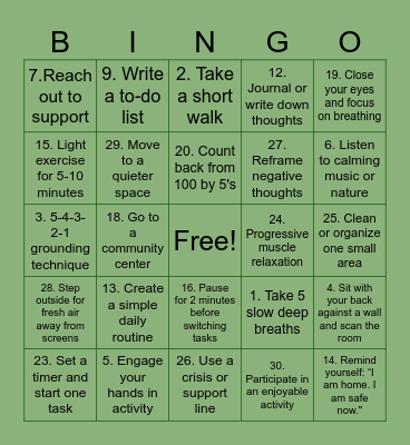 Coping Skills Bingo Card