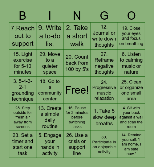 Coping Skills Bingo Card