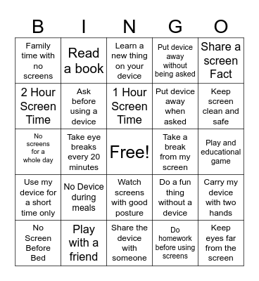 Screen Time Bingo Card
